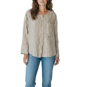 Everlane Oatmeal Ivory Striped Linen Long Sleeve Top Size 12